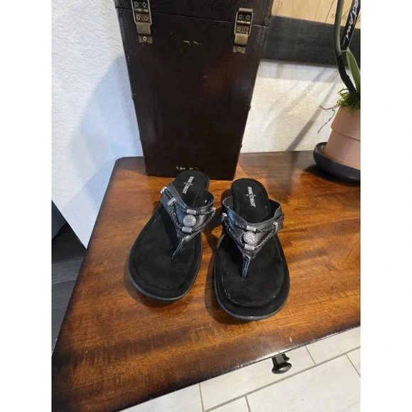 MINNITONKA Women's Sandles Size 8 Open Toe Black Slip On Leather Y2k Genz Genx