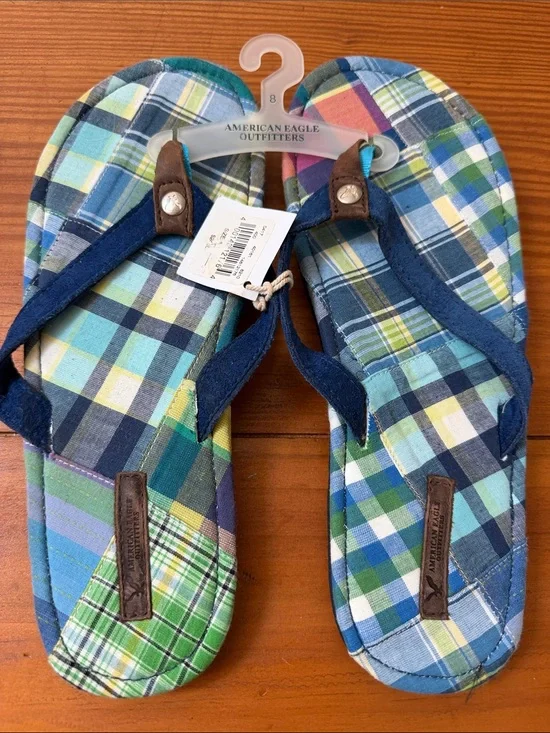 American Eagle Outfitters Blue Suede and Plaid Fabric Flip Flops, NWT, size 8