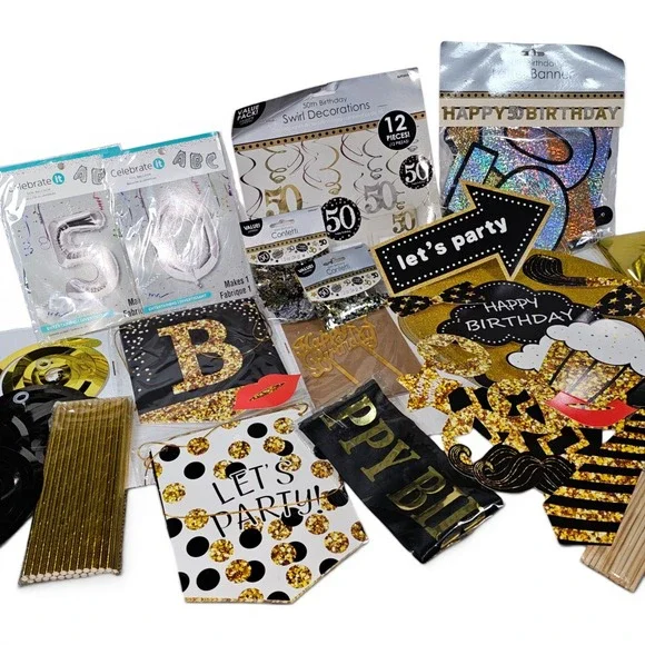 50th‎ Birthday Decorations Bundle Black Gold Party Supplies Balloons Banner Set