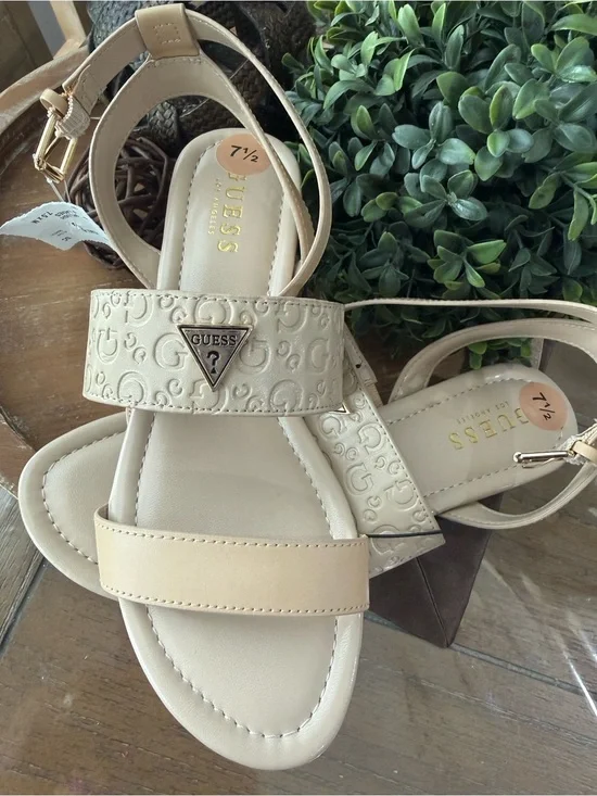 GUESS Beige/Cream Embossed Logo Ankle-Strap Sandals