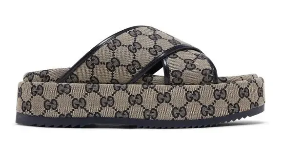 Gucci Beige Navy GG Canvas Slide Sandals EU 41 Women's Logo Flat Slides