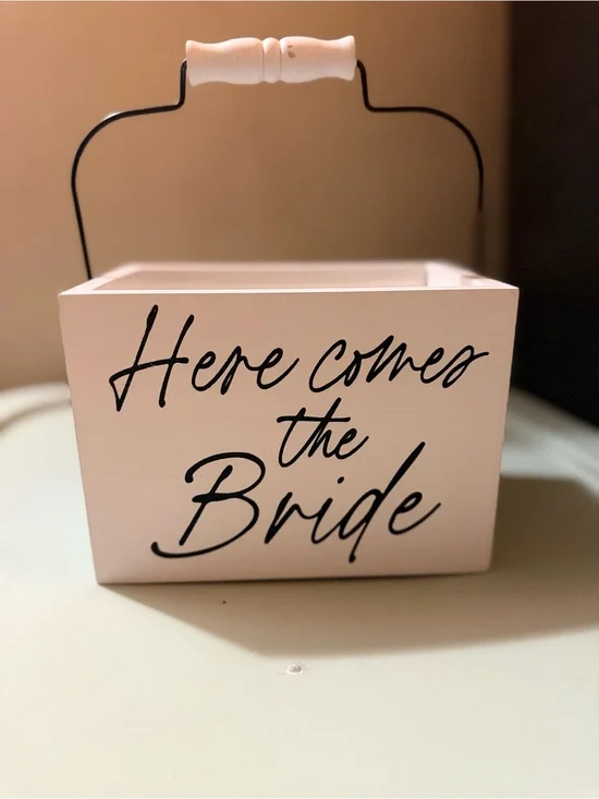 Here Comes the Bride Wooden Flower Basket - White