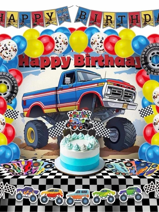 Blue Monster Truck Birthday Backdrop and Balloon Party Kit