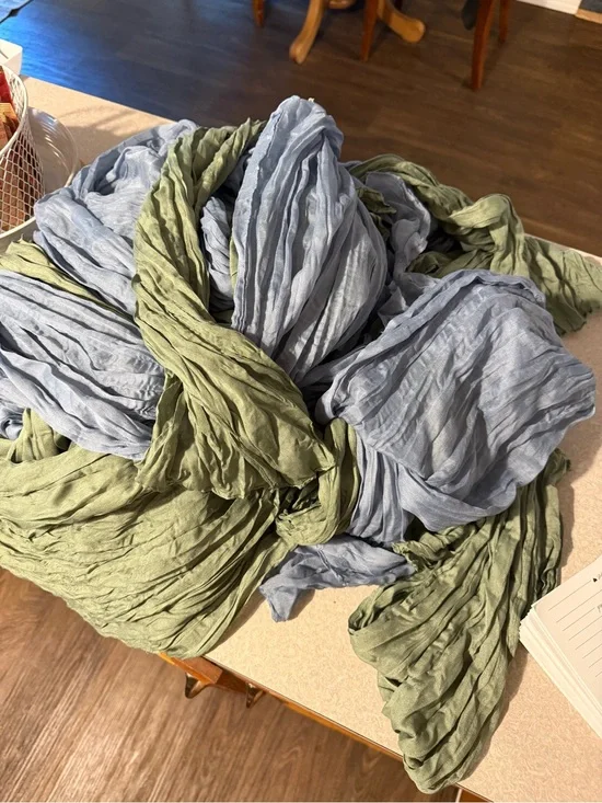 Lot of 12 cheesecloth table runners- dusty blue and sage green (9ft)