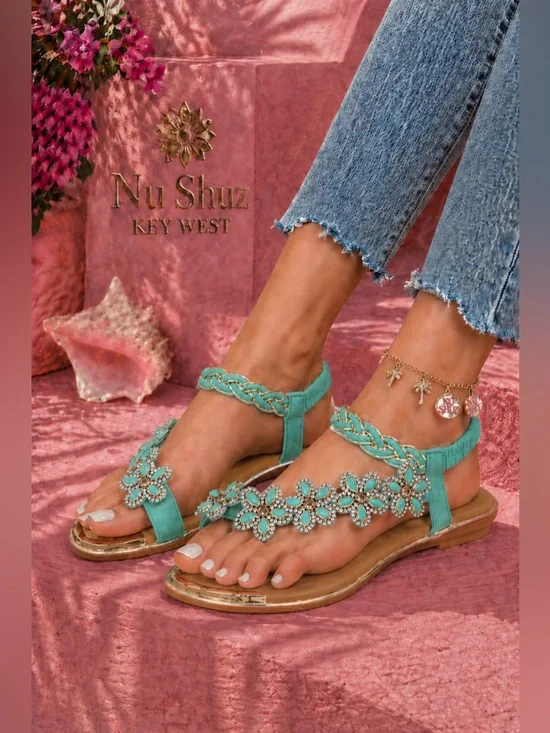 Restocked! Italina Light Green Flower Rhinestone Slingback Sandal