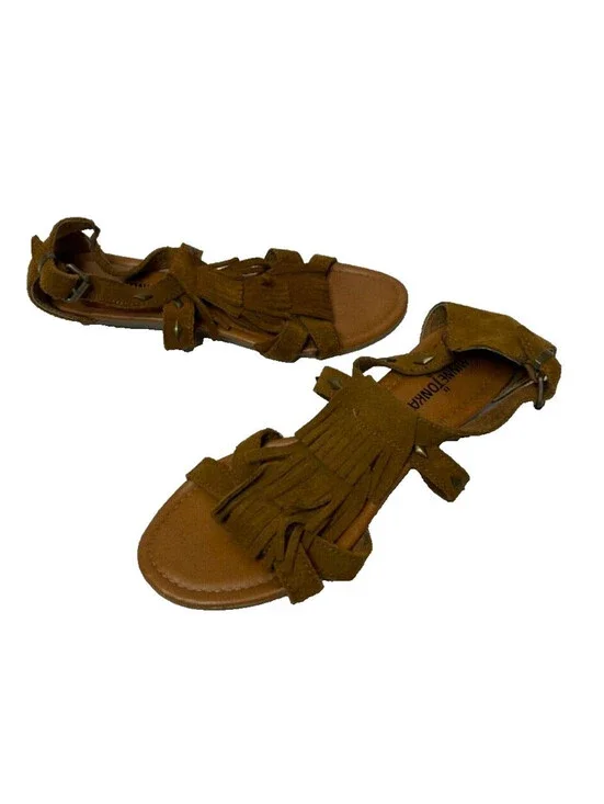 Minnetonka Merriam Suede Leather Fringe Studded Open Toe Wedge Sandals Size 9