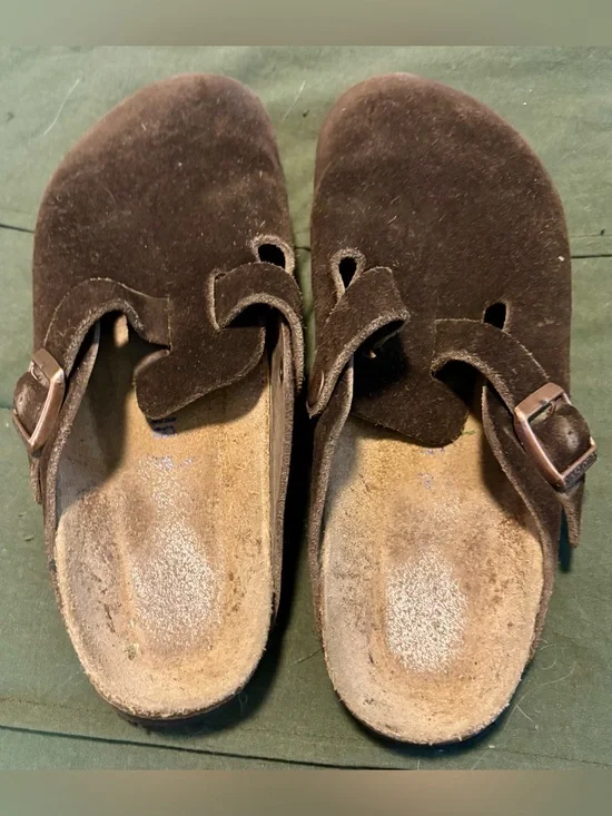 Birkenstock Brown Suede Clogs with Buckle