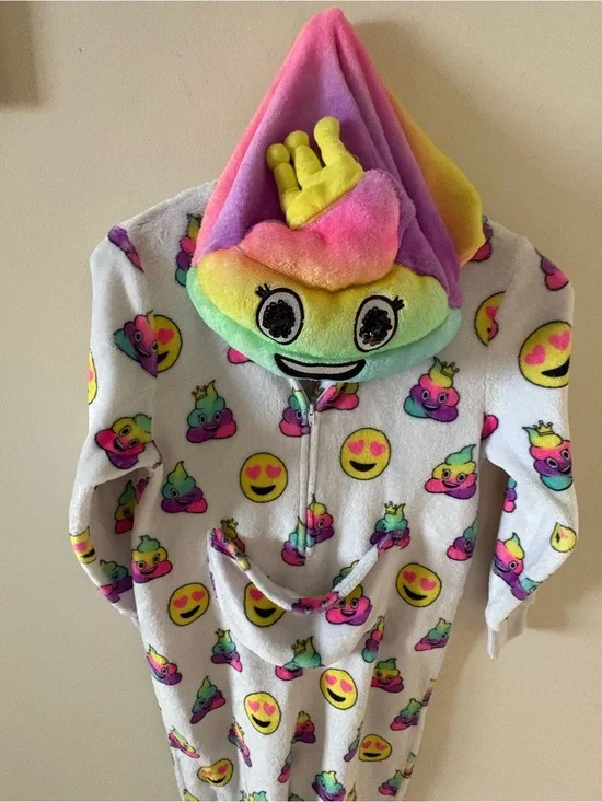 Rainbow Emoji Fleece One-Piece  with Hood.  Soft and comfortable.