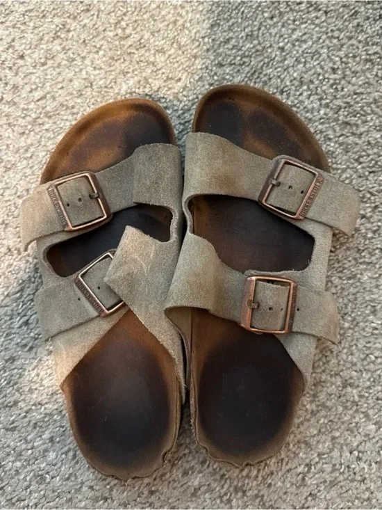 Birkenstock Taupe Suede Double-Strap Sandals with Copper Buckles
