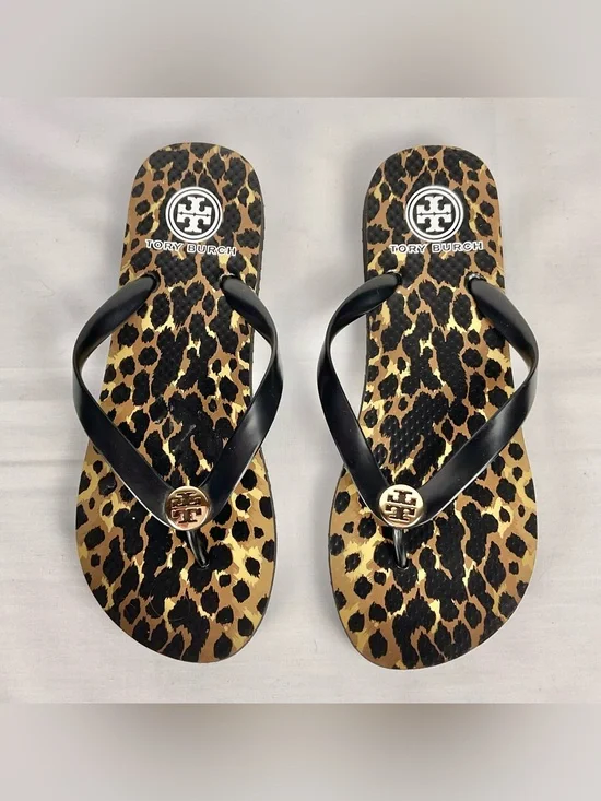 Tory Burch Leopard Print Rubber Flip Flops Gold Logo Sandals Approximate: Size 9