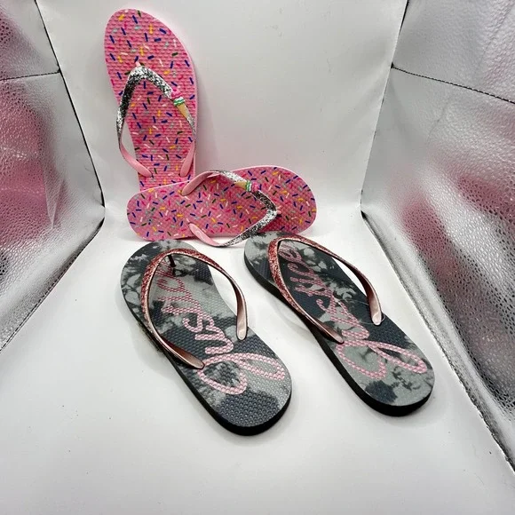 Justice‎ Girls Flip Flop Bundle Pink Sprinkles Grey Tie Dye Glitter Size 6-7