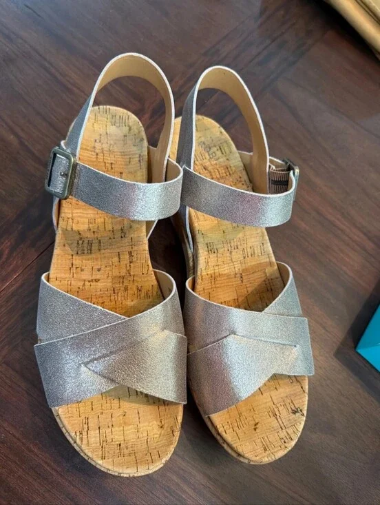 Korkease  Myran  Women’s Silver Metallic Cork Wedge Sandals