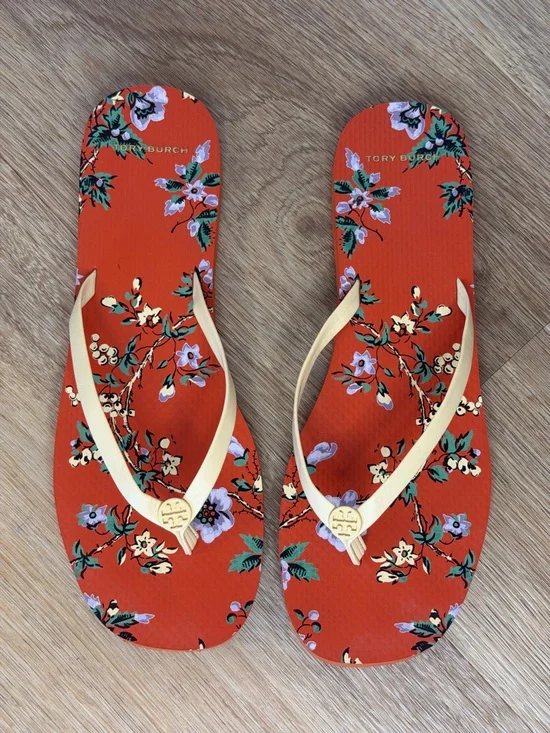 Tory Burch Orange Floral Flip Flops with Cream Straps size 11 flowers coastal