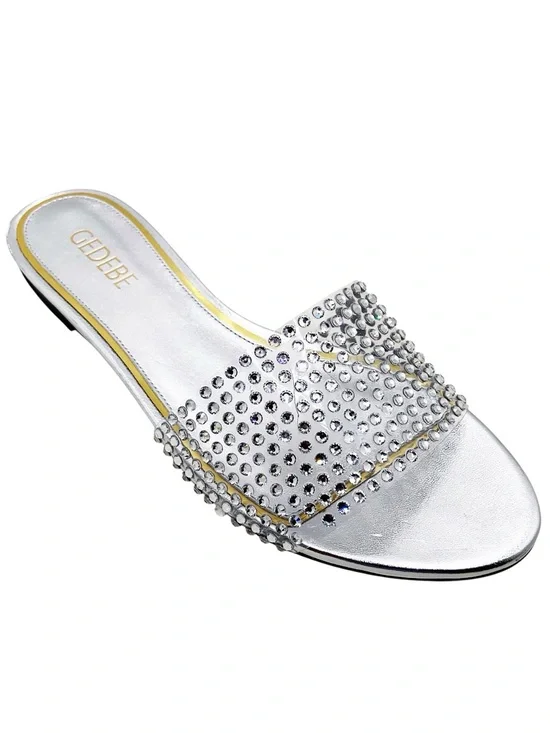 🆕{Gedebe} Metallic Leather Silver Crystal  Embellished Slides Sandals