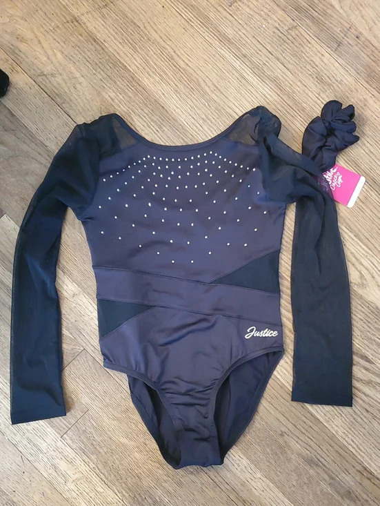 Justice Black Long Sleeve Gymnastics Leotard with Rhinestones