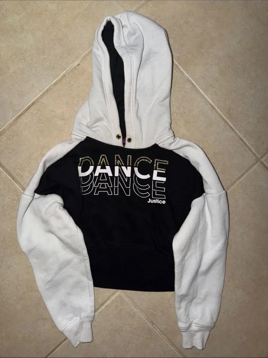 Justice Black & White Cropped 'DANCE' Hoodie XS 4/5