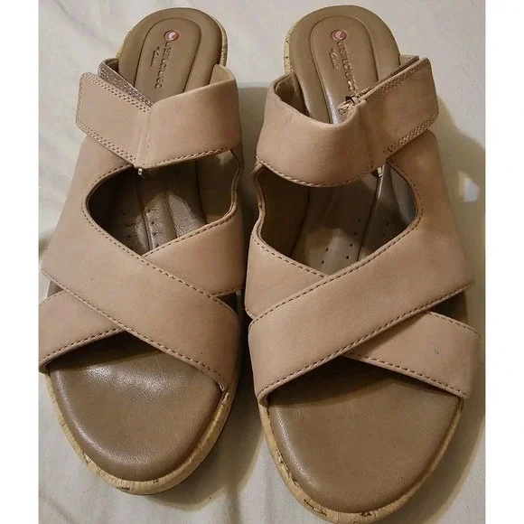 Clarks Unstructured Sandals Womens 8 M Un Plaza Slip On Cork Wedge Slide Pink
