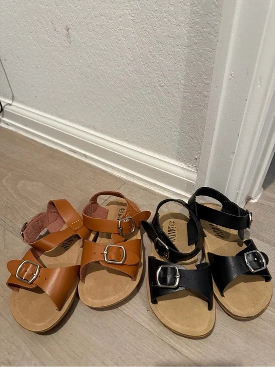 Kids Leather Buckle Sandals - Black and Tan