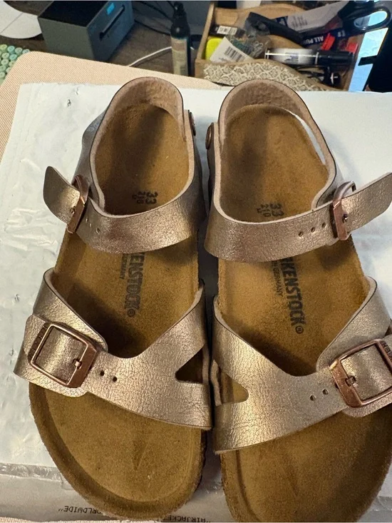 Birkenstock Kids Metallic Rose Gold Two-Strap Buckle Sandals