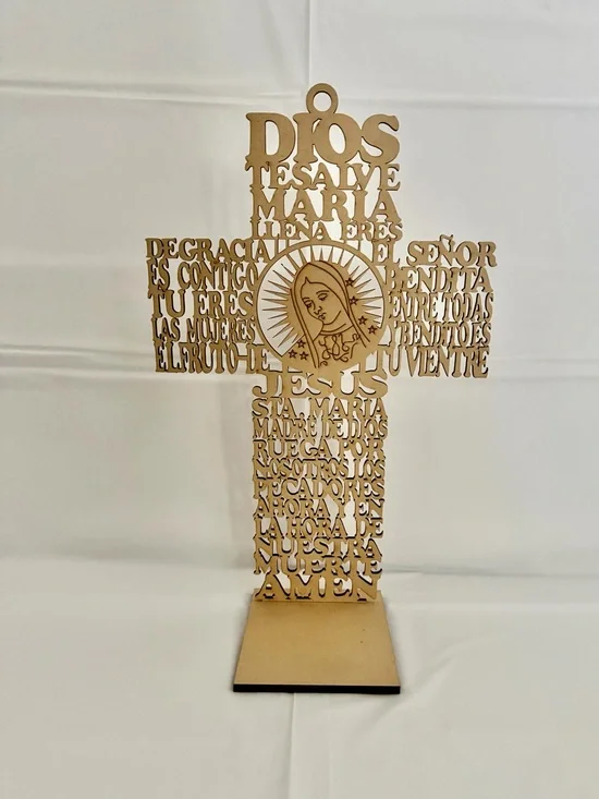 Wooden Laser-Cut Cross with Virgin Mary Design - Natural Wood