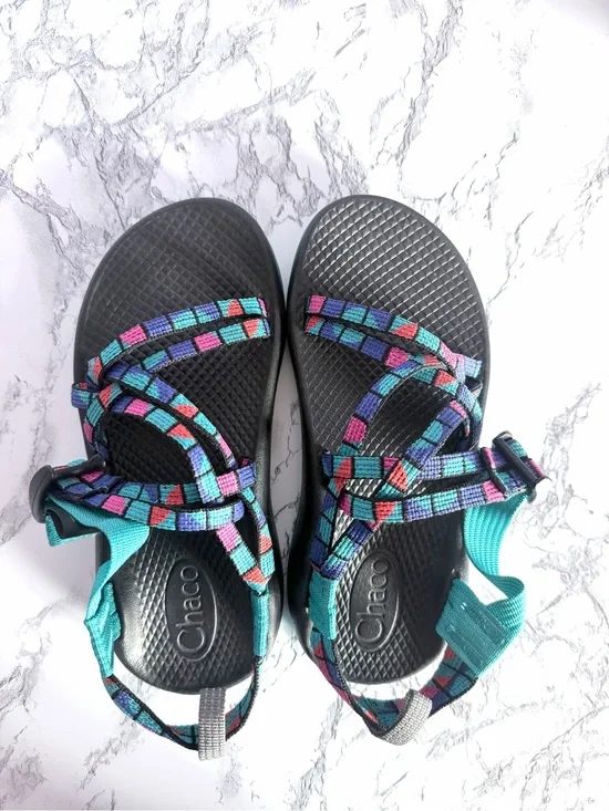 Chaco Kids Multicolor Patterned Webbing Teal Strap Sandals