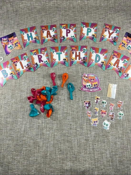 Kids Pink Teal Orange Happy Birthday Party Banner and Decorations cats kittens