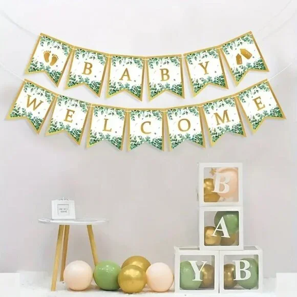 Baby Shower Banner Set - Welcome Baby Golden Foil Pennant Flags