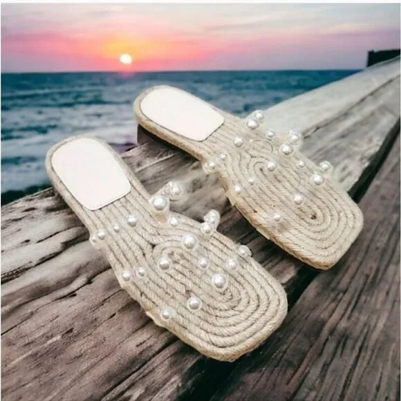 NEW Pearl Transparent Strappy Slip On Square Toe Jute Rope Sandal Size 36/6