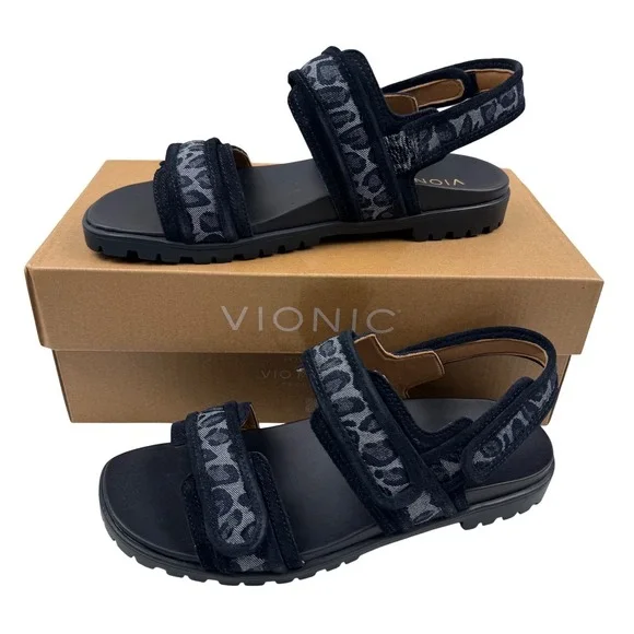 Vionic Cassidy Navy Leopard Denim Adjustable Strap Lug Sole Sandals Women 11 New