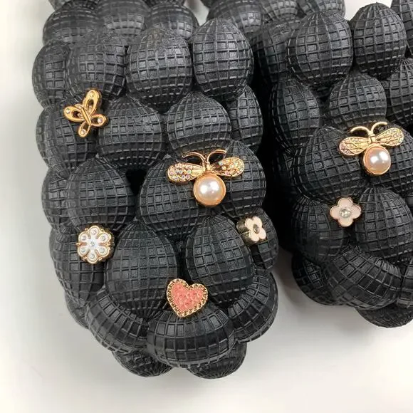 Massage Bubble Slides Black Slip On Sparkly Charms Flowers Butterfly Women's 10