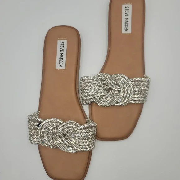 Steve Madden Solar Rhinestone Braided Slide Sandals Tan Silver Womens 9M Flat