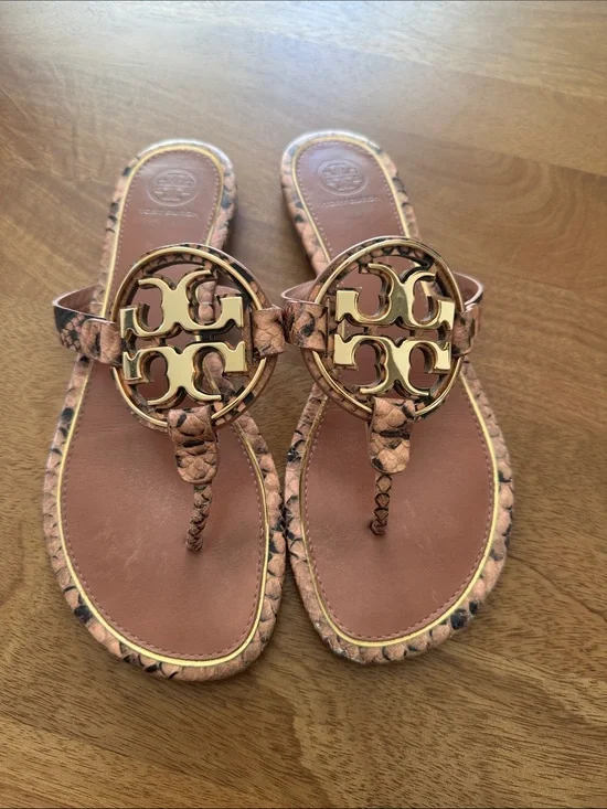 Tory Burch Pink Snake-Print Miller Thong Sandals with Gold Logo