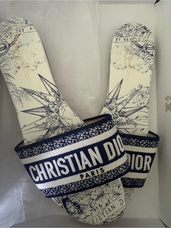 Dior Navy & White Logo Canvas Slide Sandals