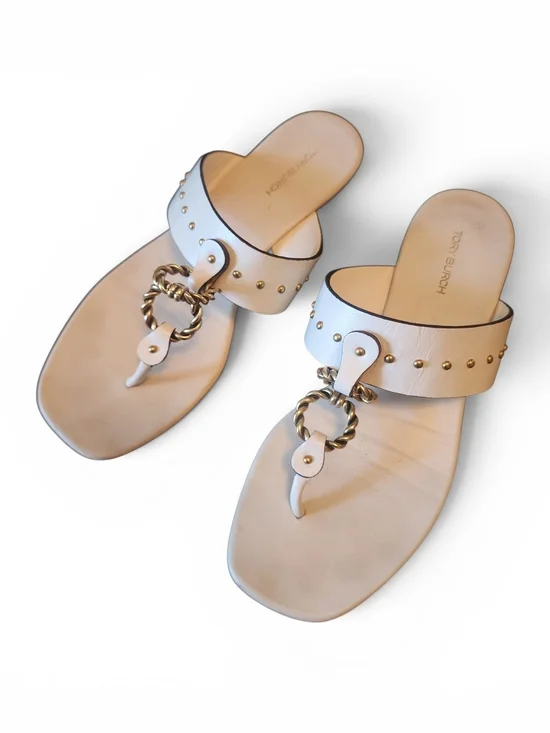 Tory Burch White Leather Toe-Post Sandals with Gold Ring Detail Sz 7