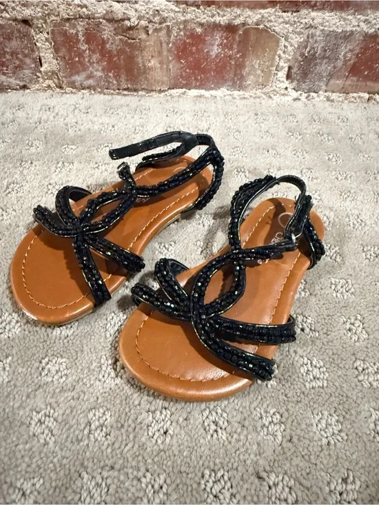 Cherokee Black Beaded Strappy Sandals with Tan Footbed