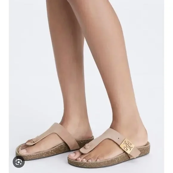 🆕Tory Burch Mellow T-Strap Suede Thong Cork Malva Pink Sandals NIB