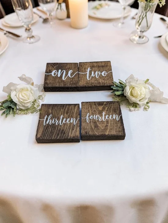 14 Rustic Wooden Table Number Signs - Script White Numbers