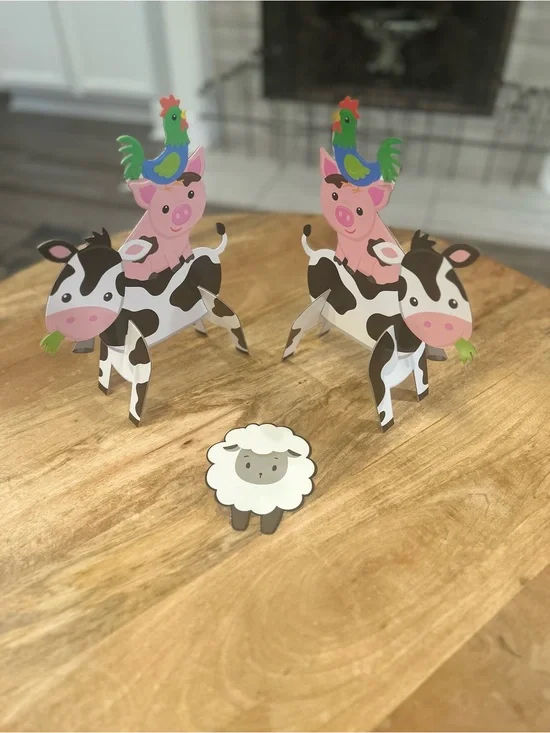 3DFarm Animal Table Decorations Cardboard Cow Pig Rooster Sheep Centerpieces Lot