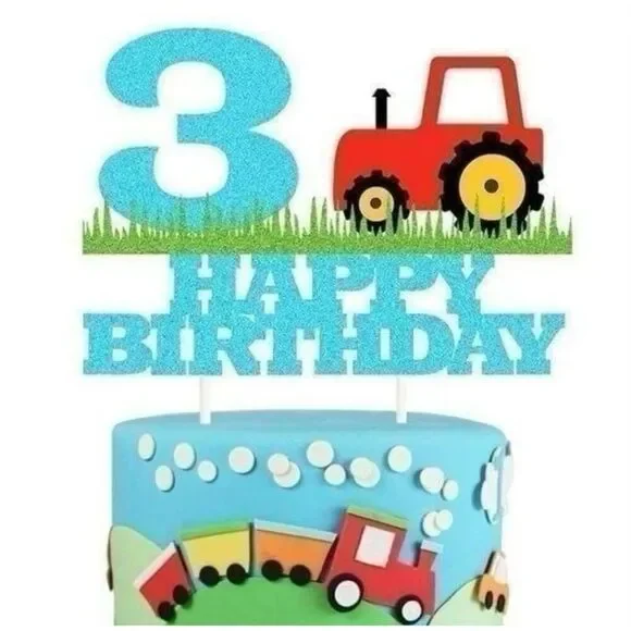 Brand New Happy 3rd Birthday Glitter Farm Tractor Cake Topper Decor
