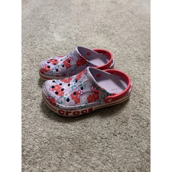 Crocs Crocband Clogs Size J3 Kids Youth Purple Pink‎ Flowers Hawaiian Print Baya