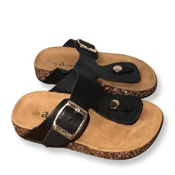 Anne Marie Little Kid Like Birkenstock Sandals Black  Faux Leather Tan Cork Heel