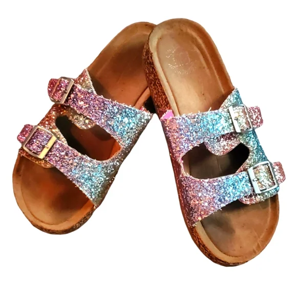 True Craft Youth Girls Rainbow Glitter Slip On Sandals W Adjt‎ Straps Sz 4