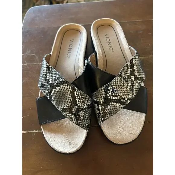 Vionic Black and Beige Snake-Print Crossband Slide Sandals