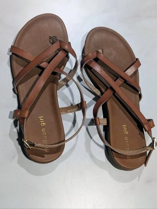 Madden Girl Brown Leather Strappy Ankle-Sandal