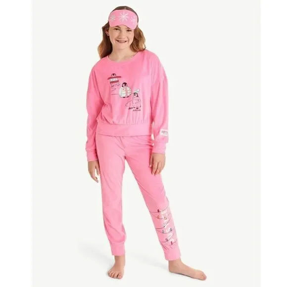 NWT Justice 3 Pcs Pink XL (16-18) Long Sleeve Top, Jogger & Eyemask, Pajama Set