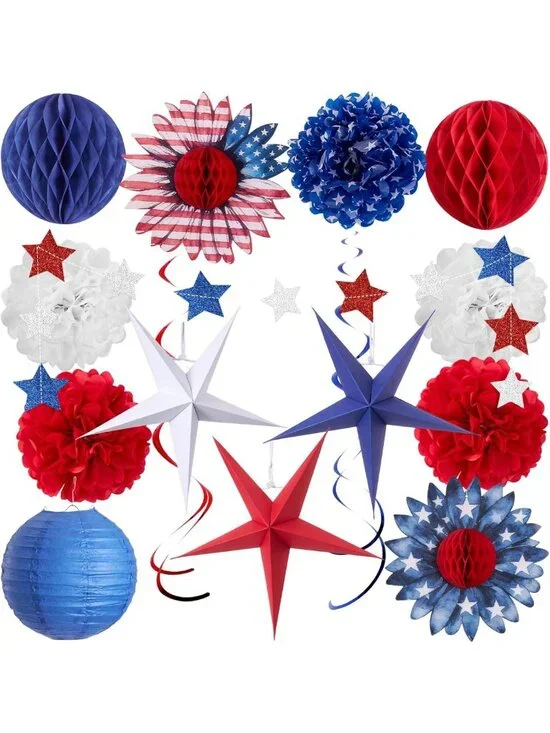 16PCS Red White Blue Paper Fans - 4th of July Independence Day Decor & Patriotic