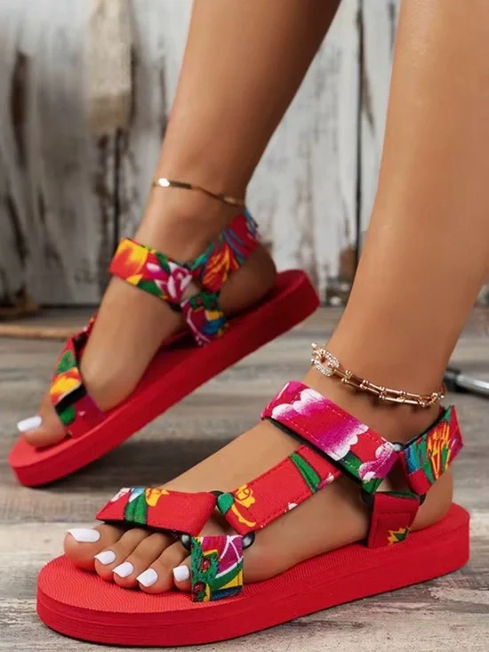 Floral Red Adjustable Sport Sandals for Women