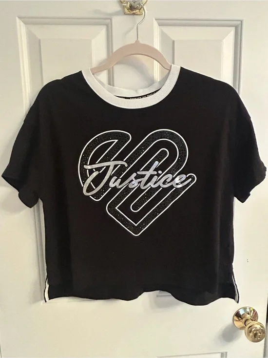 Girls Justice Black Short-Sleeve Crop Tee with White Trim and Heart Graphic