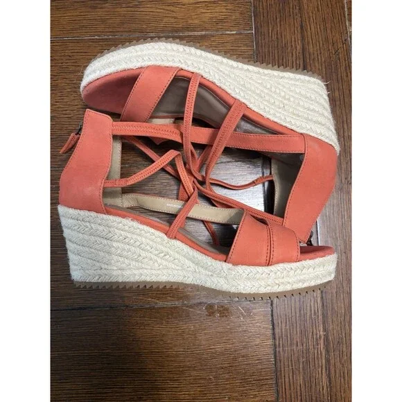 New! Eileen Fisher Wanda Orange Strappy Leather Espadrille Wedge Sandals 6.5