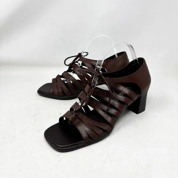 90s Laura Scott Jill Brown Leather Strappy Lace Up Block Heel Sandals Size 10M‎